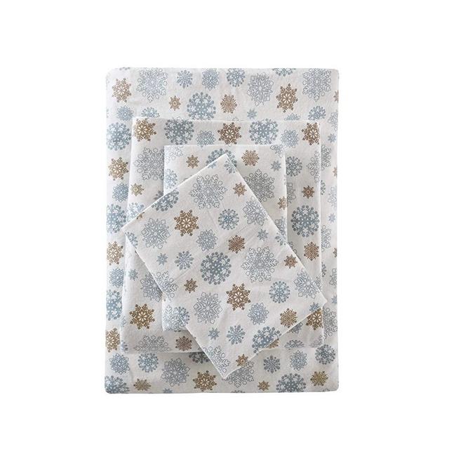 True North by Sleep Philosophy Cozy Flannel Warm 100% Cotton Sheet - Novelty Print Animals Stars Cute Ultra Soft Cold Weather Bedding Set, Queen, Tan/Blue Snowflakes