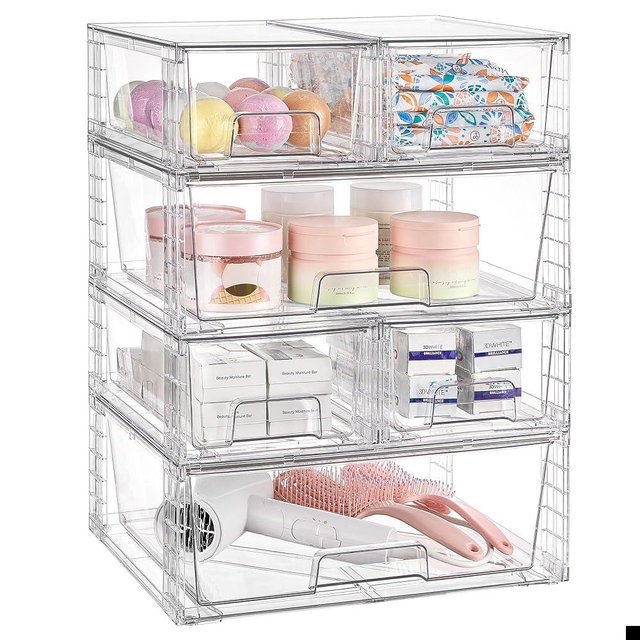 Vtopmart Clear Stackable Storage Drawers Set of 6, Easily Assemble Acrylic Bathroom Undersink Organizers,Plastic Storage Bins for Closet,Cabinet,Pantry,Medicine Organization