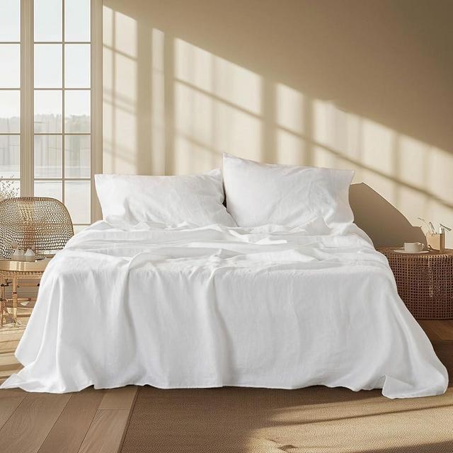 Bedsure Linen Sheets - King Size Sheets, Blend from Linen Cotton Bedsheets, Breathable Cotton Bedsheets, Gifts for All Seasons, 4 Pieces, Pure White
