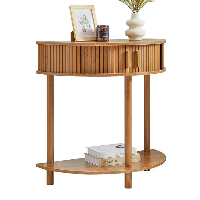 Entryway Table, Half Moon Fluted Console Tables with Storage, Mid Century Modern Small Half Round Sofa Tables for Hallway, Narrow Curved Accent Decor Table for Living Room (Mid-Century Modern, Walnut)