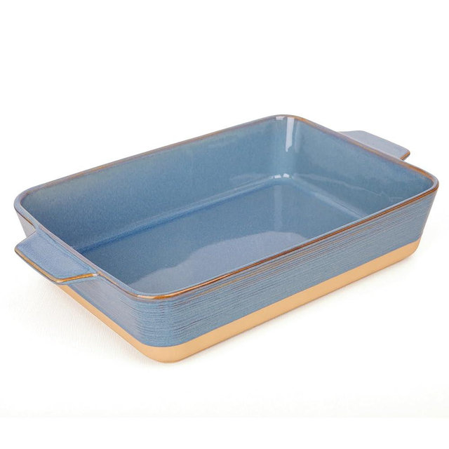 Dafuceramic Casserole Dish for Oven, 4.2 QT Baking Dish, 9x13 Large Porcelain Baking Pan, Durable Rectangular Lasagna Pan Deep with Handles, Microwave Oven Safe, Home Decor, Wedding Gift, (Khaki & Blue)