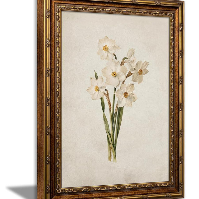 Vintage Gold Framed December Birth Flower Wall Art Vintage Narcissus Flowers Canvas Prints White Picture Wall Decor Narcissus Botanical Poster Artwork for Living Room Bedroom Birthday Gift 9x11in