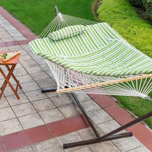 Lazy Daze Hammocks Cotton Rope Hammock with 12 Feet Steel Stand, Quilted Polyester Pad and Pillow (Green Stripe)
