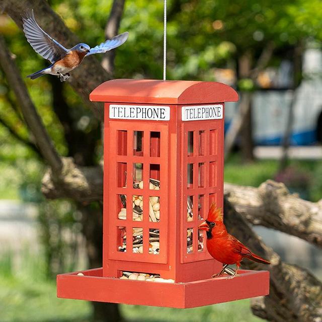 NEROSUN Wooden Hanging Wild Bird Feeders for Outside, Red British Phone Booth Bird Feeder for Yard, Garden and Lawn Decorations