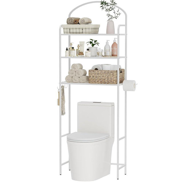 Cerlyunzan 3-Tier Over The Toilet Storage, Bathroom Organizer, Space-Saving, Above Toilet Storage Rack with 4 Hooks and Paper Holder, Metal Shelf, White