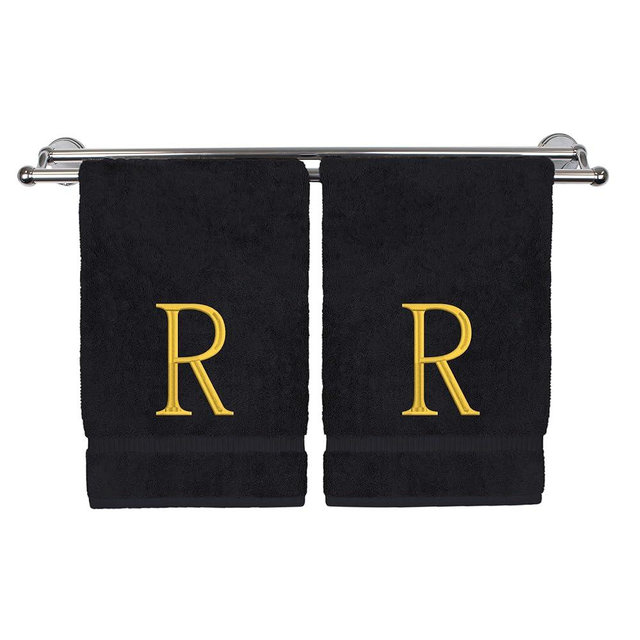 Monogrammed Hand Towel, Personalized Initial Gift, Extra Absorbent 100% Turkish Cotton - Soft Terry Finish - Set of 2 - Gold Block Initial R - Embroidered on Black Towels