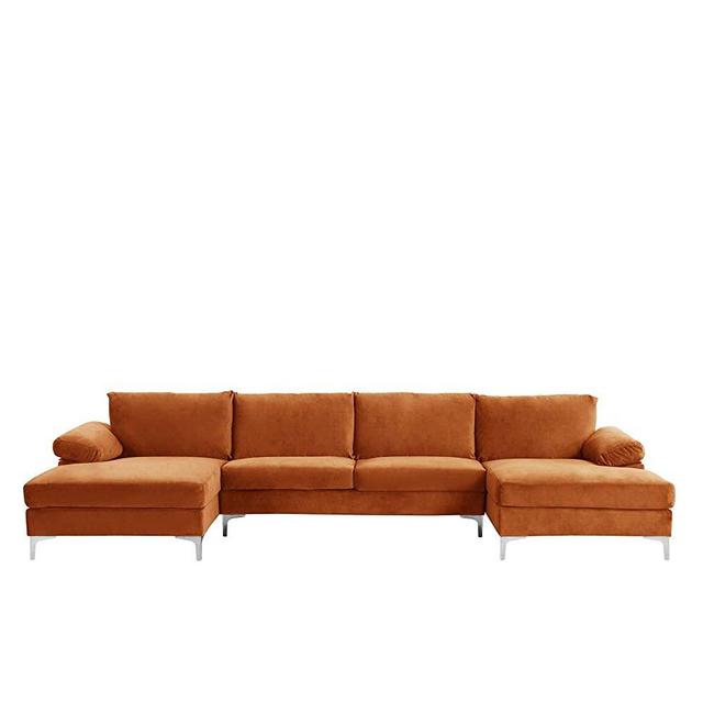 Casa AndreaMilano Modern Large Velvet Fabric U-Shape Sectional Sofa, Double Extra Wide Chaise Lounge Couch, Carrot