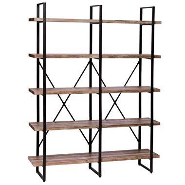 IRONCK Bookshelf, Double Wide 5-Tier Open Bookcase Vintage Industrial Large Shelves, Wood and Metal Etagere Bookshelves, for Home Decor Display, Office Furniture