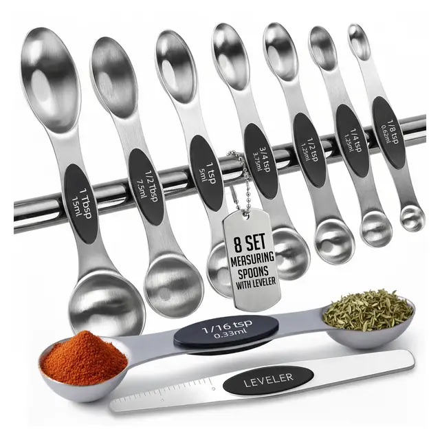 Magnetic Measuring Spoons with Leveler Set, Dual Sided Stainless Steel, Strong N40 Magnets Nesting Measuring Spoon for Baking & Cooking