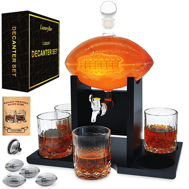 LuxuryBar Football Whiskey Decanter Set with Glasses Faucet 4 Chiller,Liquor Decanter Dispenser Whiskey Set,Bourbon Decanter Whiskey Gifts for Men Dad,Vodka Scotch Crystal Whisky Decanters for Alcohol