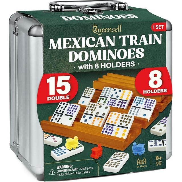 Queensell Mexican Train Dominoes Set Double 15 with 8 Holders - Wooden Hub and Tiles Holders - Double 15 with Dots (D15 + 8 Holders)