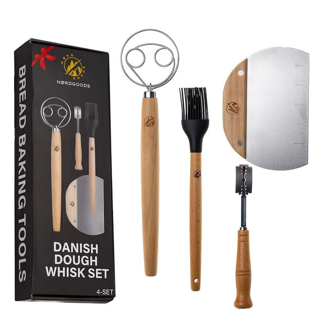 NORDGOODS Danish Dough Whisk For Sourdough- 4 Pcs Sourdough Starter Supplies Kit With Bread Dough Whisk, Wooden Bench Scraper, Bread Lame & Pastry Brush- Sourdough Bread Whisk Tools For Baking