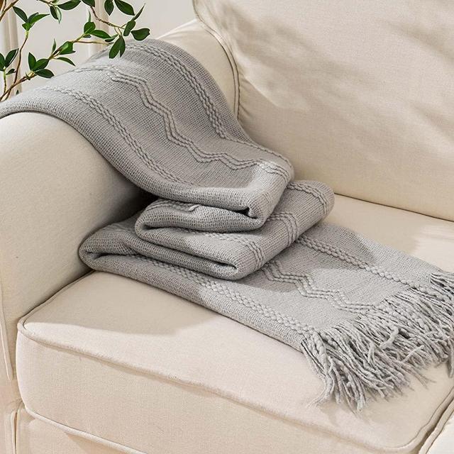BATTILO HOME Light Grey Throw Blanket with Fringe Geometric Bed Throws Spring Decorative Large Throw for Couch Sofa Indoor Outdoor (Light Grey, 50"x60")