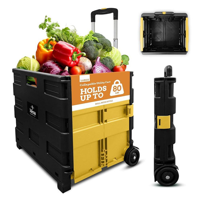 Inspired Living Ultra-Slim Rolling Collapsible Storage Pack-N-Roll Utility-carts, with Telescopic Handle, for Home, Garden, Shopping, Office, School use, Large, Yellow & Black