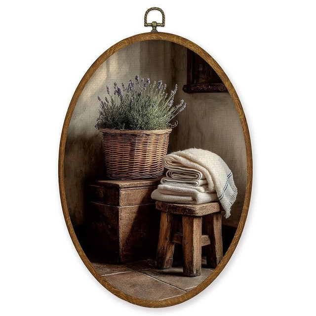 MZKZCHFE Vintage Laundry Room Oval Wall Art Decor, Rustic Farmhouse Oval Canvas Prints Framed, Country Lavender Floral Wall Decor for Bathroom Washroom Laundry Room Decorations, 8.6x11.4 Inches