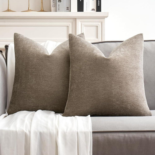 MIULEE Pack of 2 Light Brown Decorative Pillow Covers 18x18 Inch Soft Chenille Couch Throw Pillows Farmhouse Cushion Covers for Home Decor Sofa Bedroom Living Room