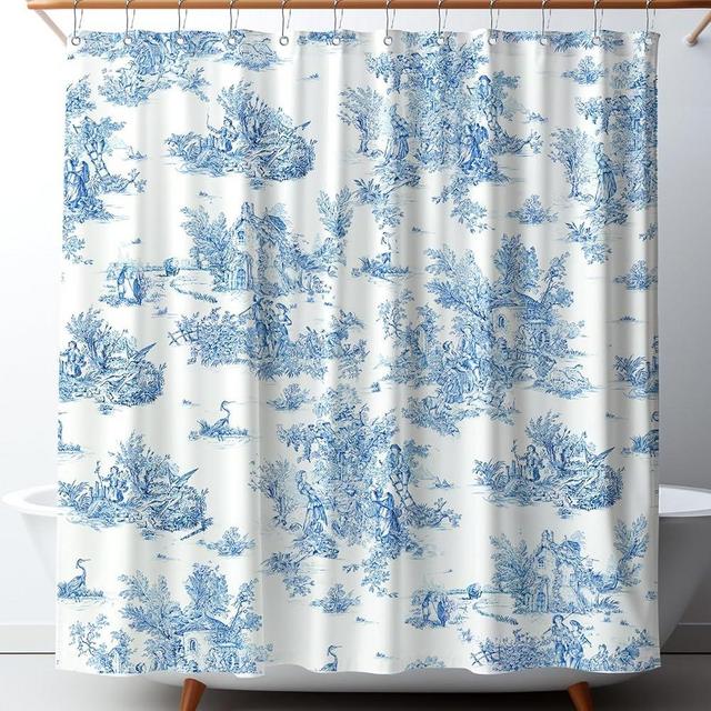 Mindsoft Vintage French Toile Shower Curtain Cotton 72x72 Inch Shower Curtain with 12 Metal Hooks Waterproof Home Bathroom Decor for Kitchen 18th Century Style Bath Accessories(Blue)