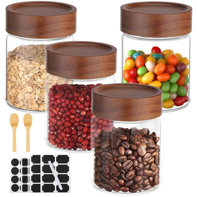 Kimqi 11oz Glass Jar with Airtight Lid, 4 Pack 320ml Glass Storage Jars with Wooden Lids, Wood Screw Top Kitchen Canister Clear Food Containers for Sugar, Coffee, Tea, Bean, Overnight Oats, Cookie