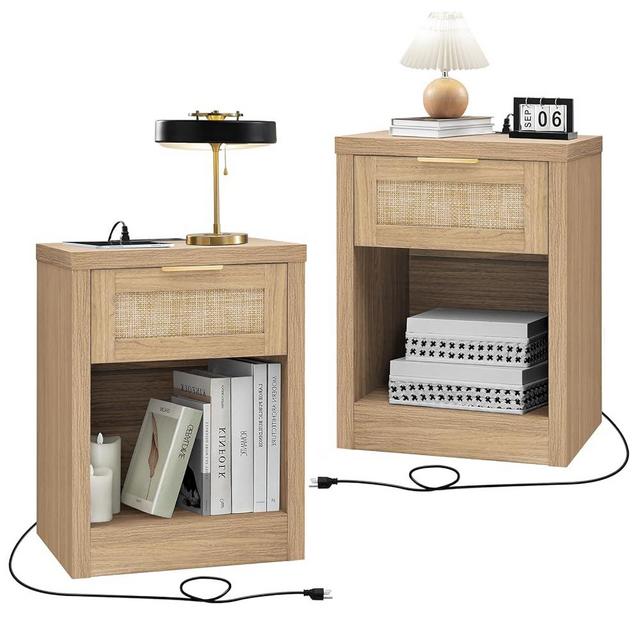 OAKHAM HOME Nightstands Set of 2, Rattan Night Stand with Type-C Charging Station, Boho Bedside Table with Drawer Storage, Side Table End Table for Small Space (Weathered Oak)
