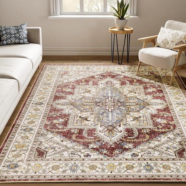 WITSHOCK Washable Area Rugs 8x10, Large Living Room Area Rug for Bedroom, Vintage Ultra-Soft Non-Slip Rug Stain Resistant Oriental Print Floor Carpet Rugs for Dining Room, Rust/Lvory