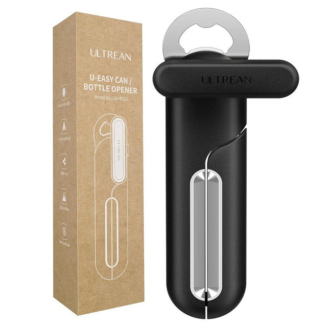 Ultrean Can Opener Manual, Heavy Duty Stainless Steel Smooth Edge Can Opener with Ergonomic Handles and Oversized Easy Turn Knob for Seniors, Black