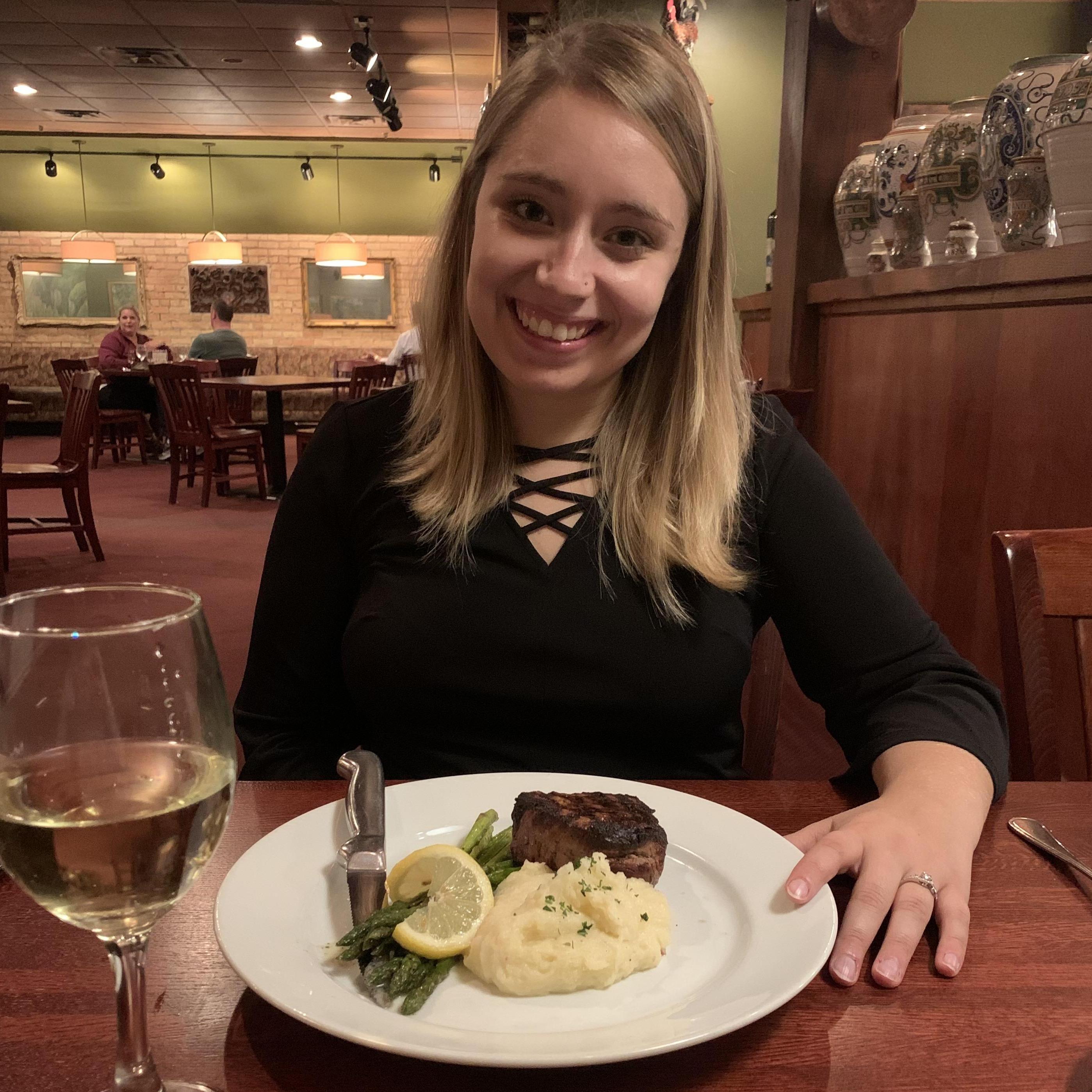 Dinner at a fancy restaurant. Also featuring how proud I am of that ring.