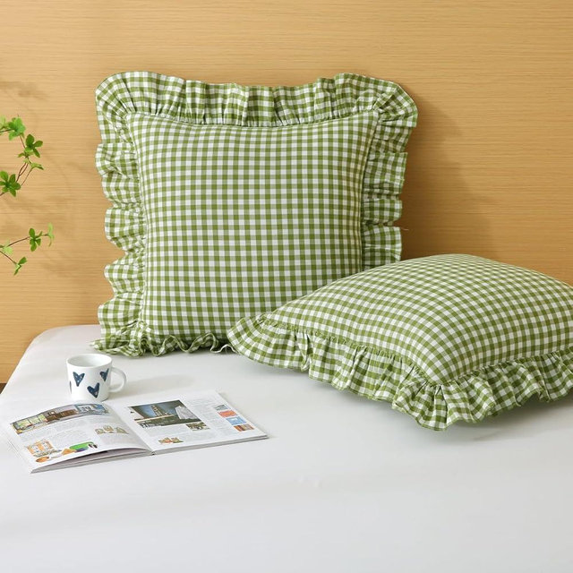 Silnuo 2 Pack Green/White Plaid Ruffle Throw Pillow Covers,100% Washed Cotton Farmhouse Gingham Decorative Pillow Shams Checkered Pillowcases 20" x 20" for Bed,Sofa，Living Room