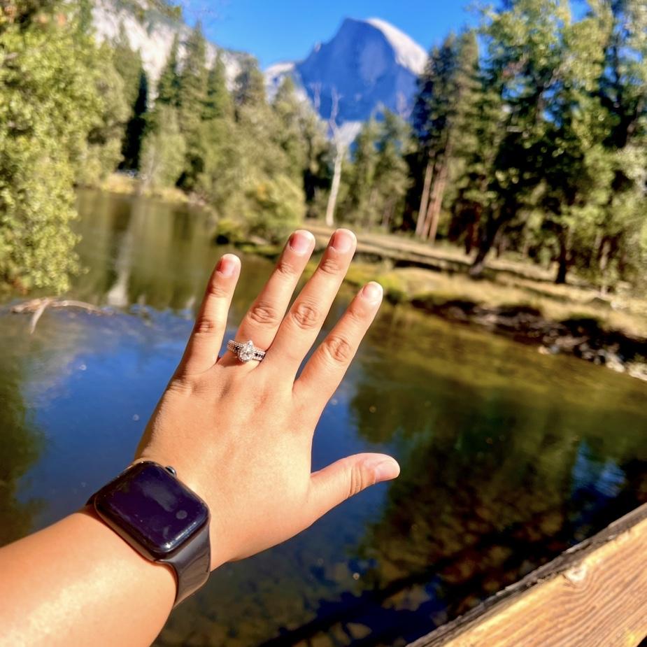 My favorite shot of my engagement ring ft Yosemite National Park as the background (2025)