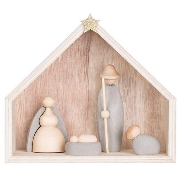 Creative Co-op Birth of Christ Natural Wood & Cement Holiday Nativity Scene