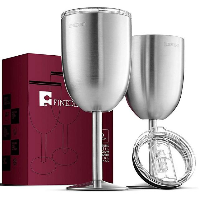 FineDine Premium Grade 18/8 Stainless Steel Wine Glasses 12 Oz. Double-Walled Insulated Unbreakable Goblets (Set of 2) Stemmed Wine Glass BPA-Free Leak Resistant Lid for Red White Wine, Brushed Metal