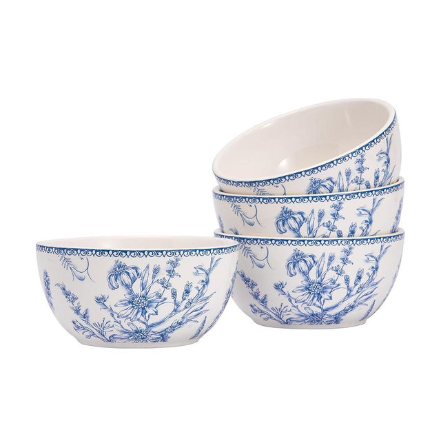 Bico Blue Garden Toile De Jouy Cereal Bowls Set of 4, 26 oz Deep Ceramic Soup Bowls for Cereal, Salad, Noodles, Kitchen, Microwave and Dishwasher Safe, Gift for Housewarming and Thanksgiving