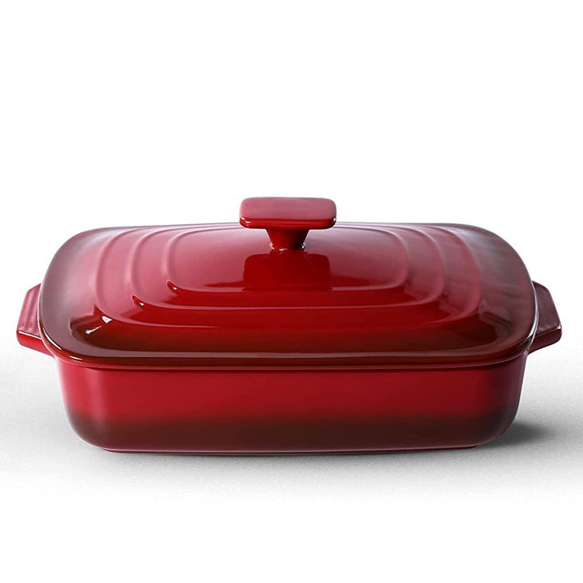 Lareina Large Ceramic Casserole Dish with Lid, 4.0 Quart Covered Rectangular Stoneware Baking Dishes for Oven, Deep 9x13 Inch Lasagna Pans for Baking and Serving, Red