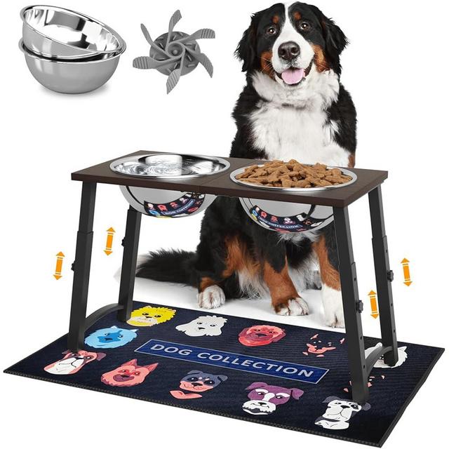 ADENGL Raised Dog Bowl with Spill-Proof Mat, 4 Adjustable Heights, Two 3000ML Stainless Steel Bowls with Slow Feeder, Elevated Food & Water Bowls for Medium, Large, and Extra Large Dogs