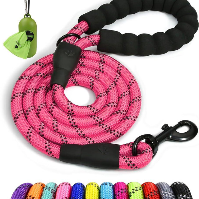 Taglory Rope Dog Leash 6 FT with Comfortable Padded Handle, Highly Reflective Threads Leash and Anti-Tangle Clip for Walking Medium Large Dogs, 1/2 inch, Pink