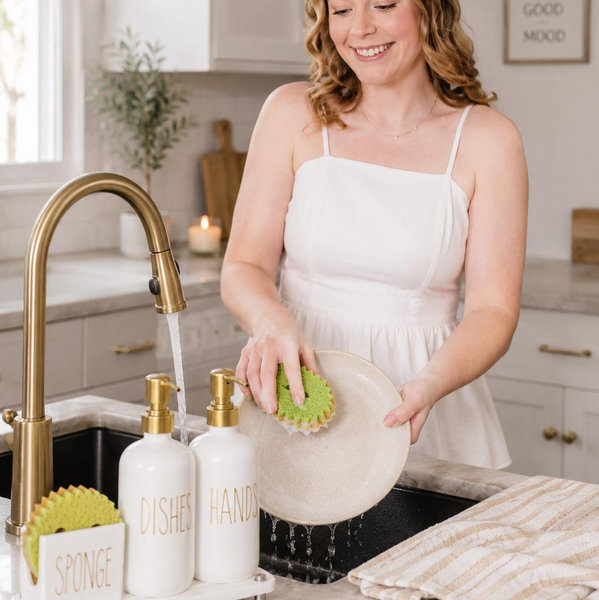 Cisily Kitchen Soap Dispenser Set Comes with Ceramics Sponge Holder, Gold Pumps, and Instant Dry Tray, Hand and Dish Soap Dispenser Set Suitable for Kitchen Decor and Accessories