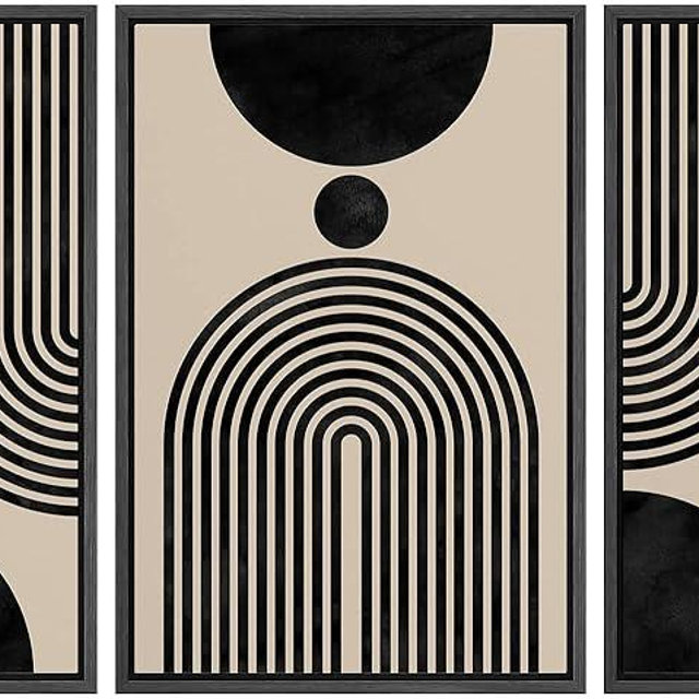 SIGNFORD Framed Canvas Print Wall Art Set Geometric Mid-Century Polygon Stripes Abstract Shapes Illustrations Modern Art Bohemian Nordic Relax/Calm for Living Room, Bedroom, Office - 24"x36"x3 Black