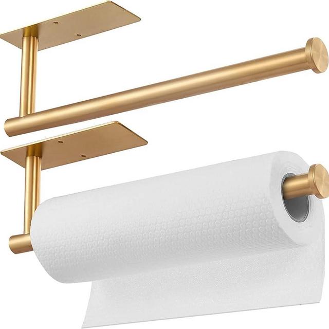 2PCS Paper Towel Holder Under Cabinet, Self Adhesive Wall Mount Paper Towel Holder, SUS304 Stainless Steel Gold Paper Towel Holder for Kitchen, Pantry, Sink, Bathroom