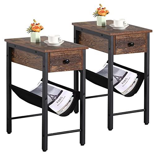 VECELO Nightstand,2-Tier H Shape Narrow End Drawer and Storage Holder, Industrial Side Sofa Table for Small Space,Living Room,Bedroom,Stable and Sturdy Accent Desk,Set of 2,Rustic Brown