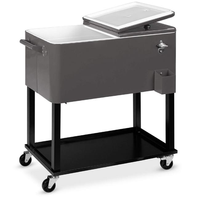 80qt Outdoor Steel Rolling Cooler Cart for Cookouts, Tailgating, BBQ w/Bottle Opener, Catch Tray, Drain Plug, and Locking Wheels - Gray