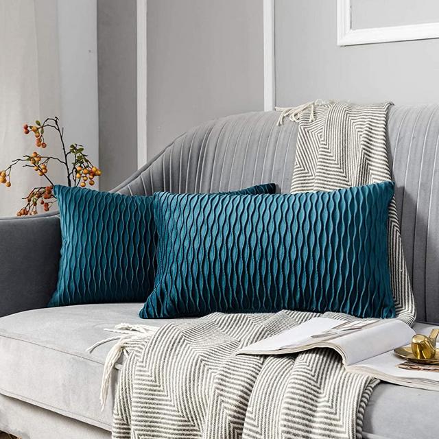 JUSPURBET Decorative Lumbar Velvet Pillow Covers with Wave Striped,Pack of 2 Luxury Soft Cushion Cases for Couch Sofa Living Room,12x20 Inches,Peacock Blue