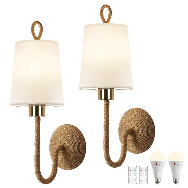 Set of 2 Boho Wall Sconce Lamps – Wireless Cordless LED Wall Lights with Remote, Rechargeable 5000mAh Battery Operated Rattan Gold Light Fixtures for Bedroom, Living Room, Bathroom, or Bedside