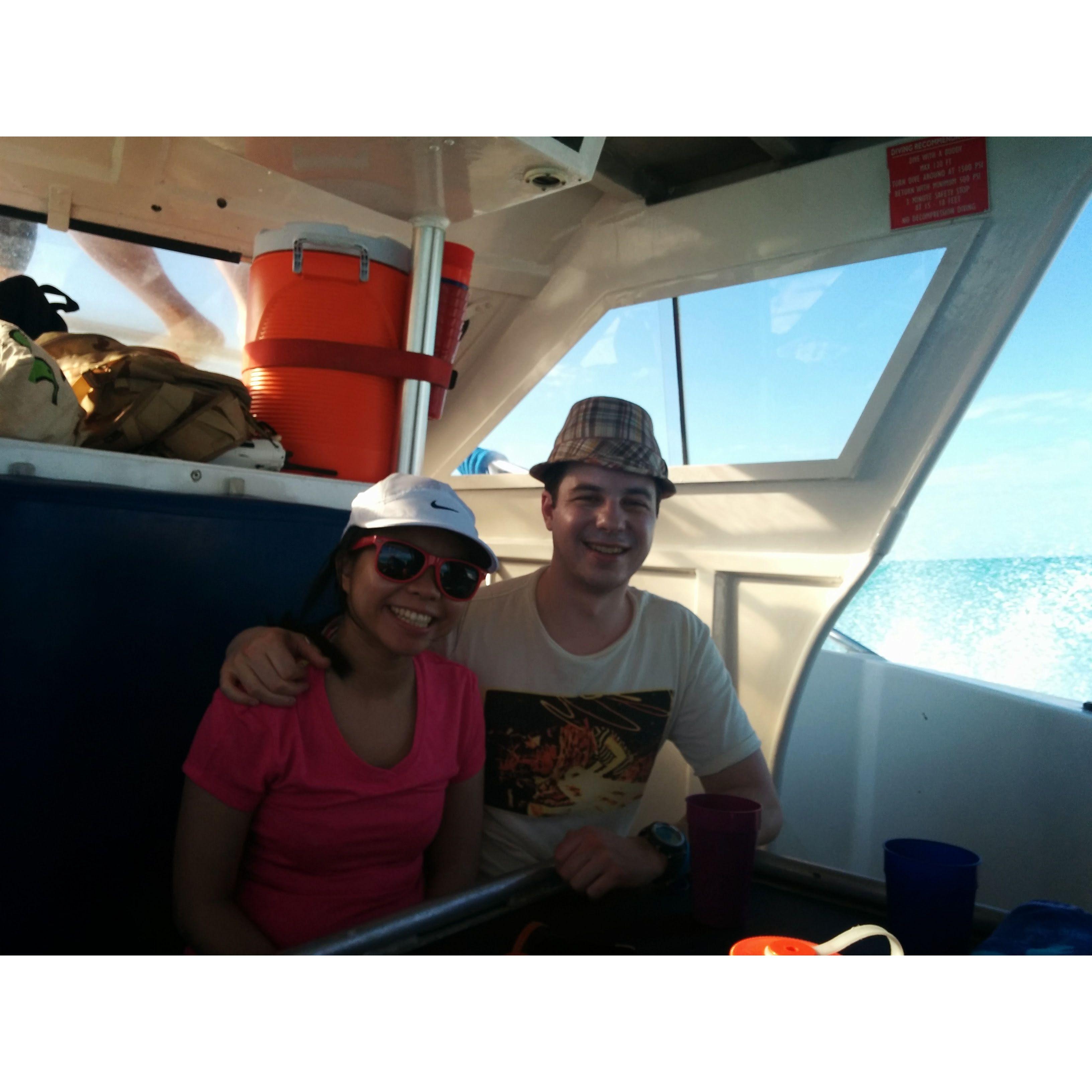 Our first trip to the Caribbean. Scott took Pearly on a boat to watch him scuba dive. Pearly got sea sick and threw up all over the divers.