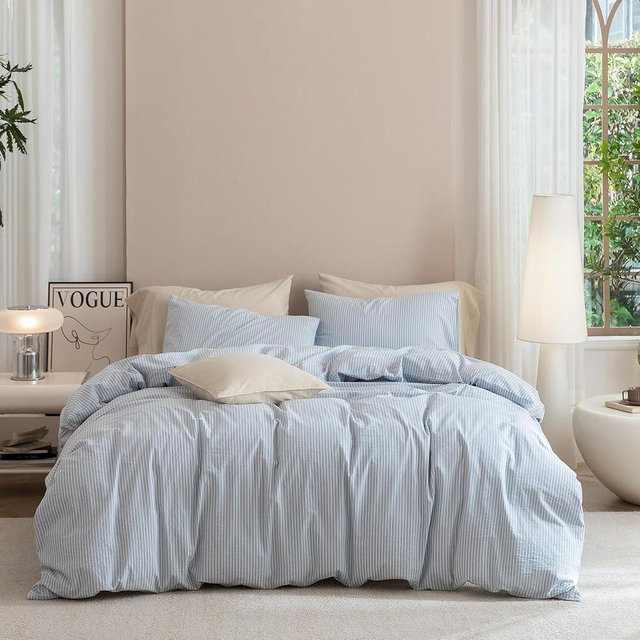 JIYUAN 100% Washed Cotton Pinstripe Duvet Cover Set Queen Size 90"x90", Linen-Like Soft Breathable Durable Bedding Set with Zipper Closure, All Season, Cornflower Blue/White