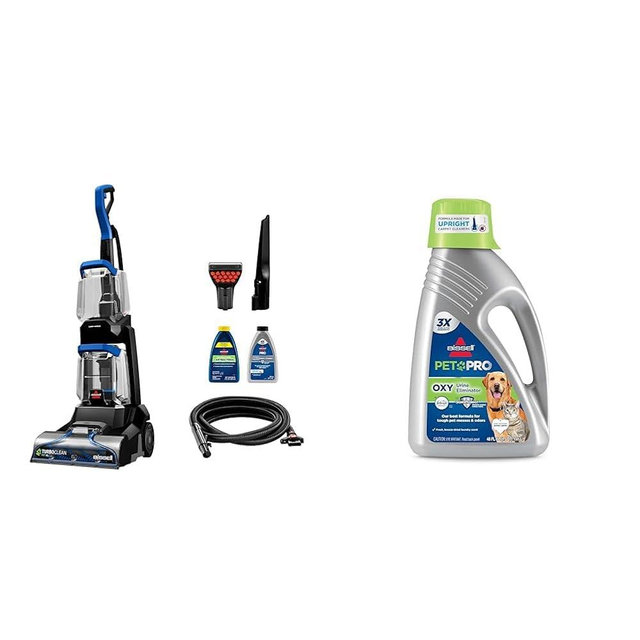 BISSELL TurboClean Pet XL Upright Carpet Cleaner, Upholstery Tough Stain Tool & Formula included, 3746 + Bissell Professional Pet Urine Elimator with Oxy and Febreze Carpet Cleaner Shampoo 48 Ounce