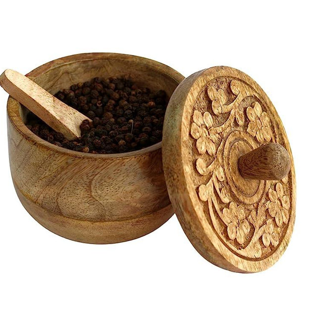 Salt Pinch Bowls, Vintage Salt Box Cellar with Wooden lid | Wood Salt Keeper, Spice Bowls for Cooking | Salt Pepper Tea Sugar Coffee Storage Container for Kitchen with Tiny Spoon- Natural Mango Wood