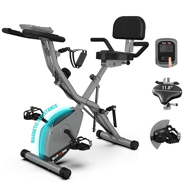 BARWING Foldable Exercise Stationary Bike, 3-IN-1 Magnetic Upright Workout Bike with Arm Exercise Resistance Bands and Ankle Strap for Home Gym