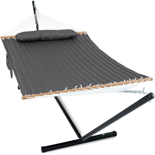 GAFETE 2 Person Hammock with Stand for Outside, 12ft Heavy Duty Steel Stand, Double Hammocks with Hardwood Spreader Bar, Large Pillow, Side Pockets, Max 475 lbs Capacity (Dark Grey)