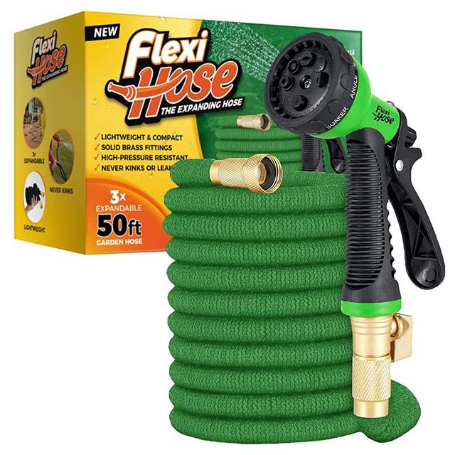 Flexi Hose with 8 Function Nozzle, Lightweight Expandable Garden Hose, No-Kink Flexibility, 3/4 Inch Solid Brass Fittings and Double Latex Core
