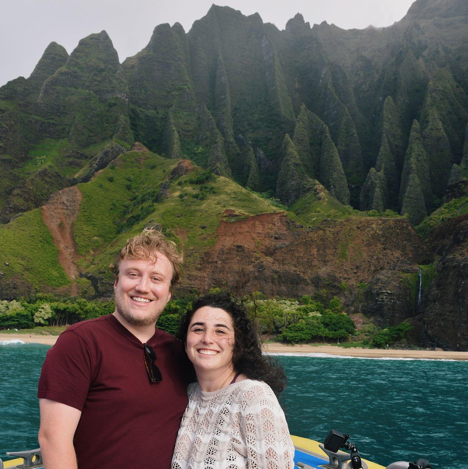 Our trip to Kauai the week after we got engaged! The beautiful Nā Pali Coast is behind us.