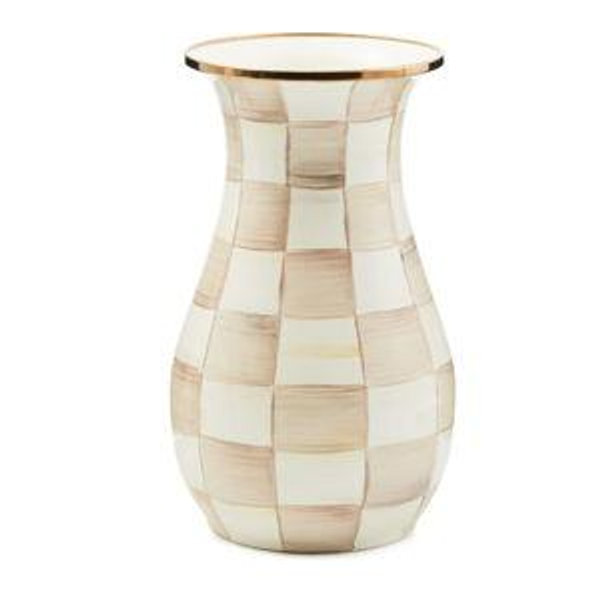 MACKENZIE-CHILDS Tall Enamel Checkered Vase, Unique Flower Vase, Brown-and-White Mocha Check, Steel, 6" L x 6" W x 12" H